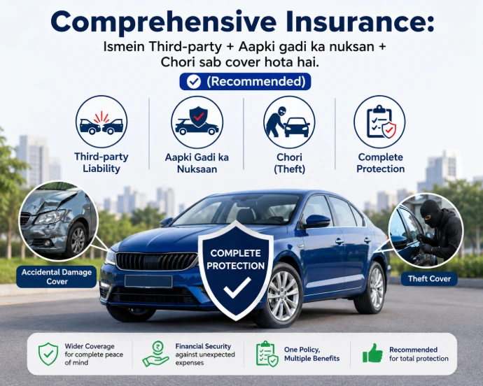 Comprehensive Insurance: Ismein Third-party + Aapki gadi ka nuksan + Chori sab cover hota hai. (Recommended) 