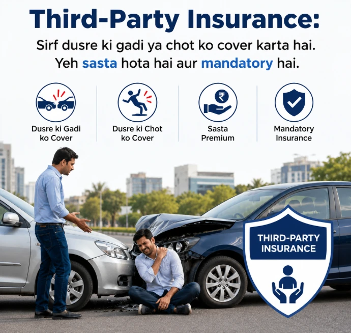 Third-Party Insurance: Sirf dusre ki gadi ya chot ko cover karta hai. Yeh sasta hota hai aur mandatory hai. 