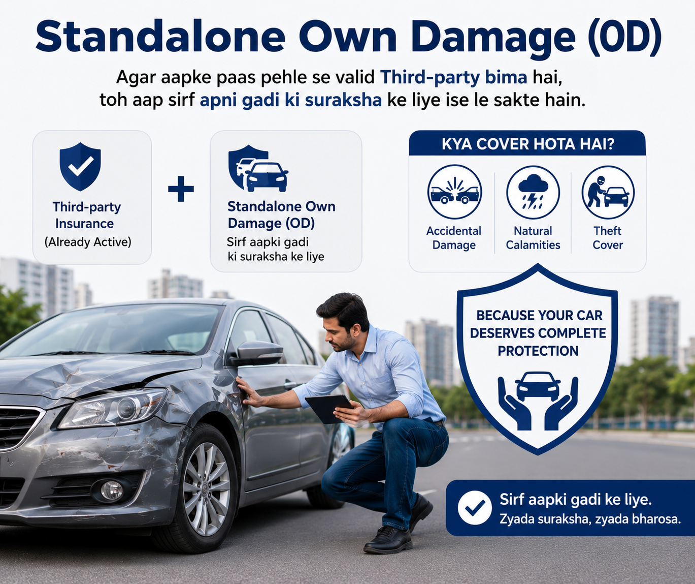 Standalone Own Damage (OD): Agar aapke paas pehle se valid Third-party bima hai, toh aap sirf apni gadi ki suraksha ke liye ise le sakte hain. 